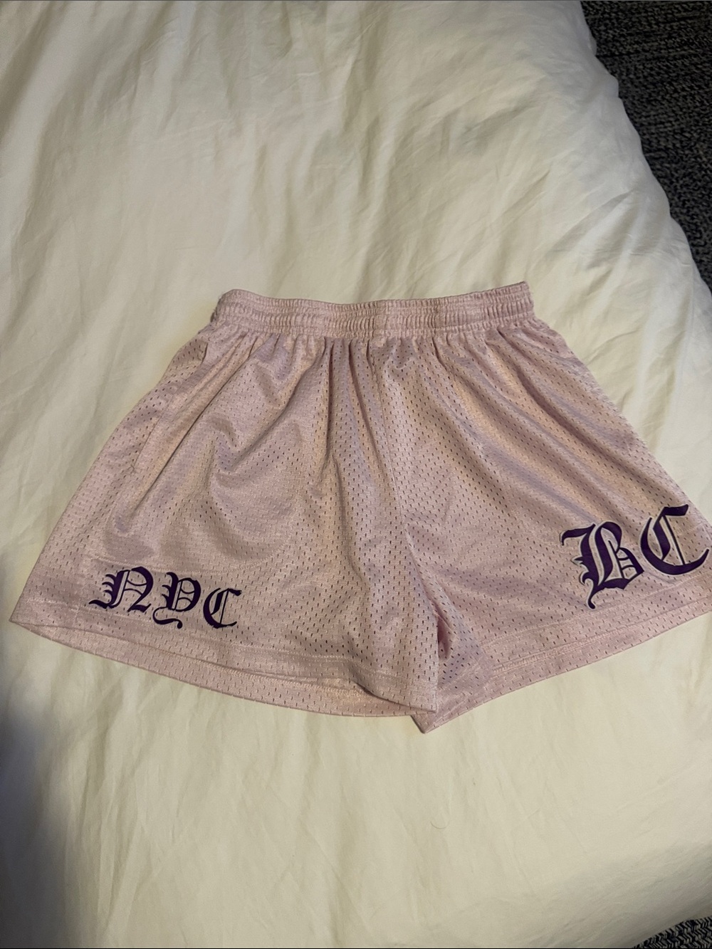Blue & Cream Light Pink Mesh Athletic Shorts with Purple Gothic Script